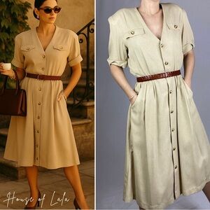 Vintage 90s Button Down Midi Dress.  Tan Beige Summer Dress. Preppy Safari Vibes